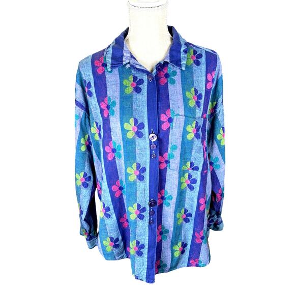 Vintage Angelique Long Sleeve Striped Button Up Womens Large Rainbow Flowers 90s - Picture 1 of 8